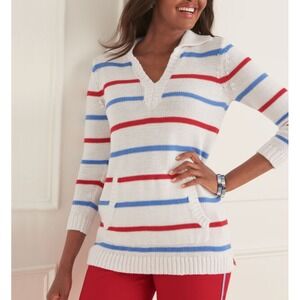 Talbots Women's XL RWB Striped Johnny Collar Knit Pullover Sweater 3/4‎ Sleeve